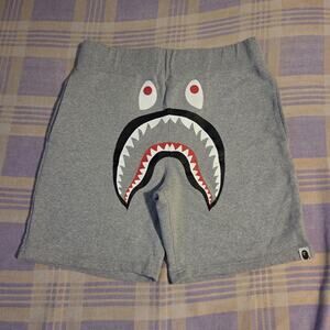 Bape Shark Sweat Shorts Size L Grey Face Streetwear EUC A Bathing Ape Cotton